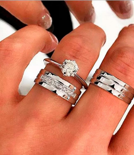 Conjunto Anel + Aliança em prata com diamantes híbridos Cód: 8557 - Volpi Joias
