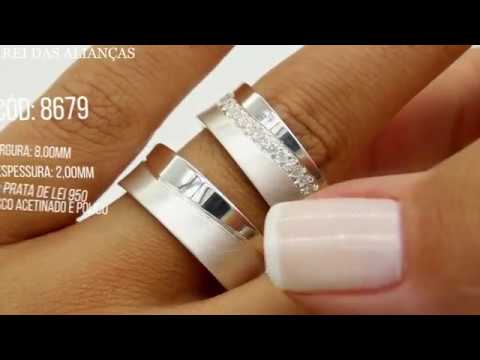 Alianças de Prata Côncavas, diamantes híbridos na feminina Cód. 8679